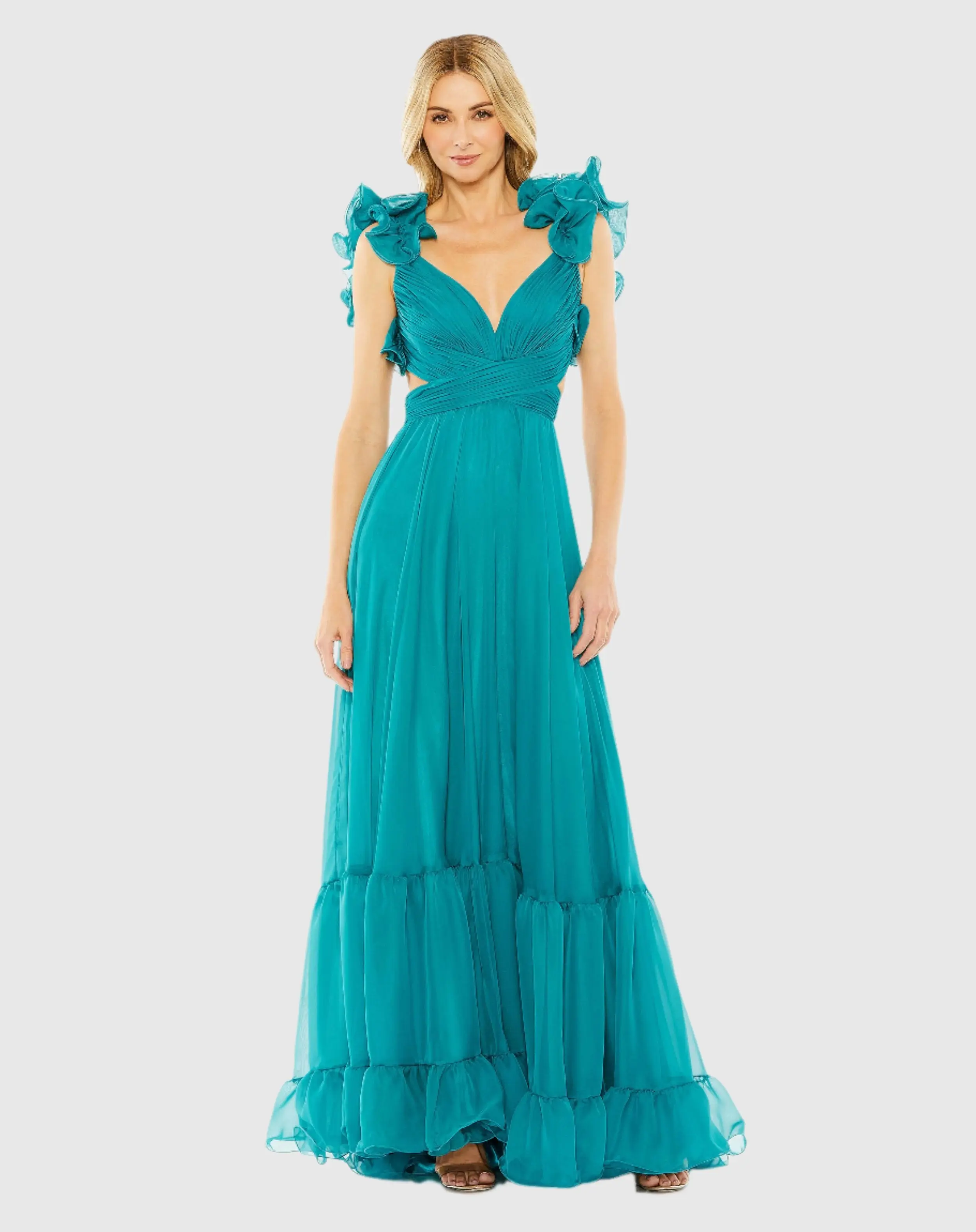 Ruffle Tiered Cut-Out Chiffon Gown