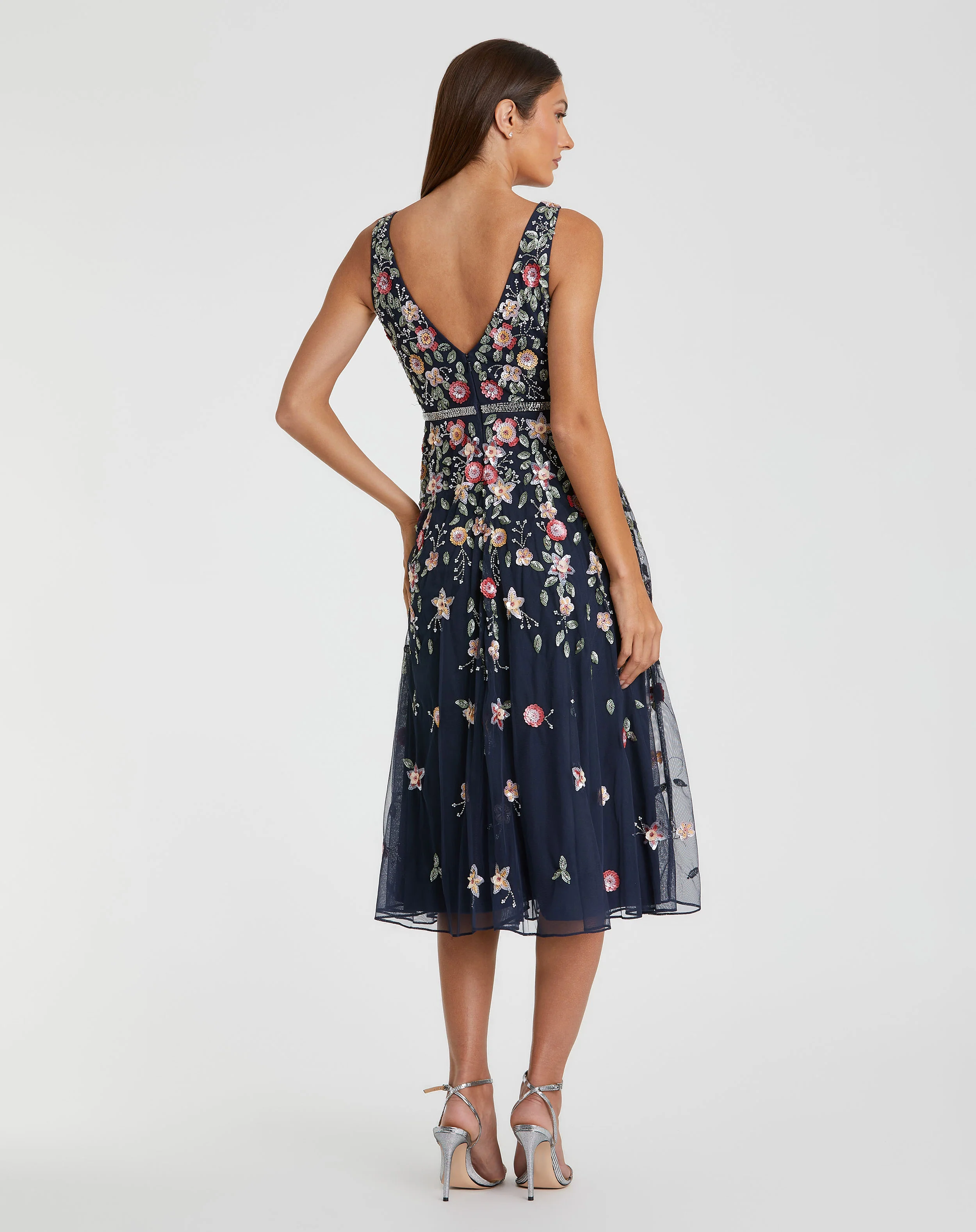 Navy V-Neck Sleeveless Midi Floral Beaded A-line Dress