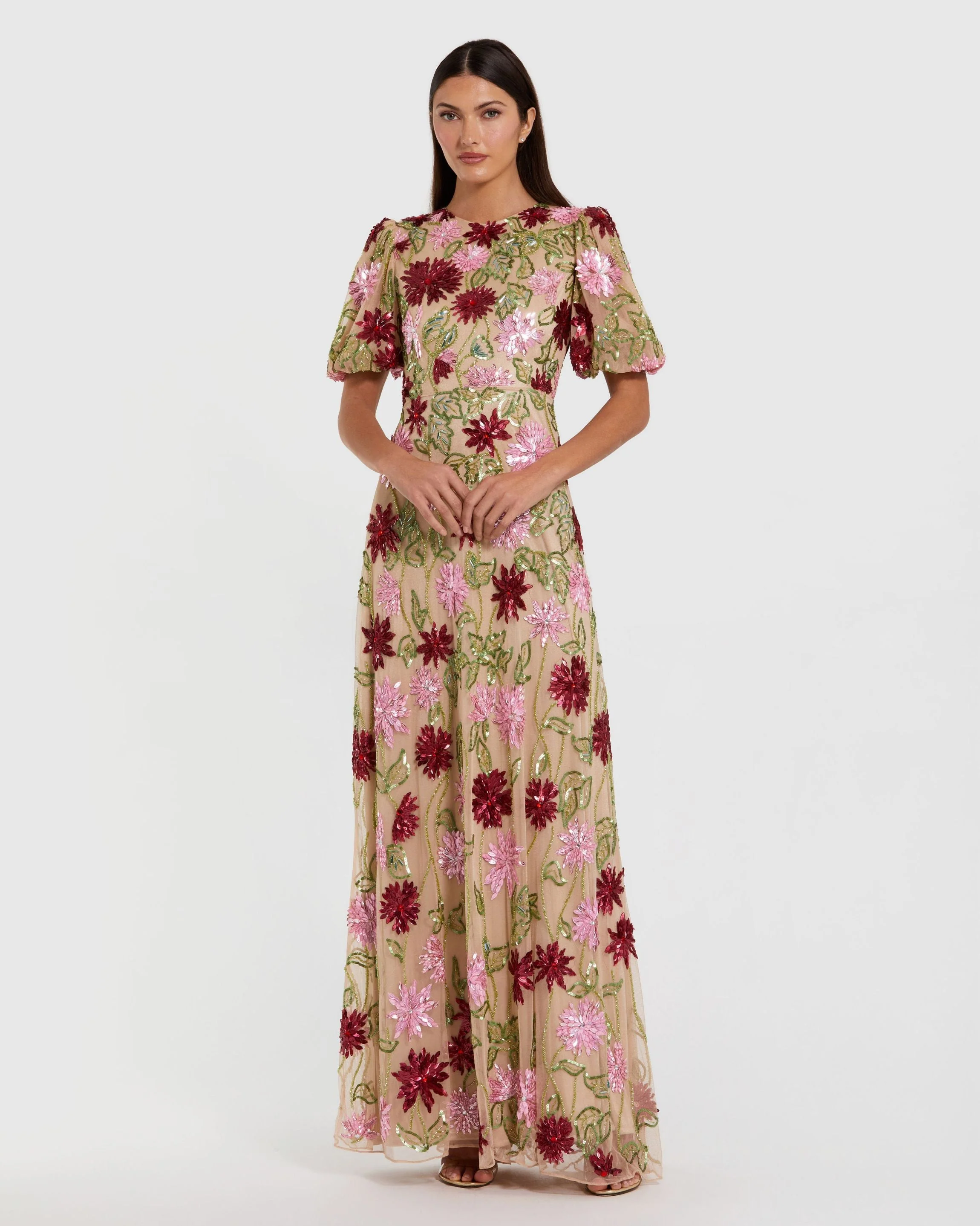 Beige Floral Beaded Mesh Puff Sleeve Gown