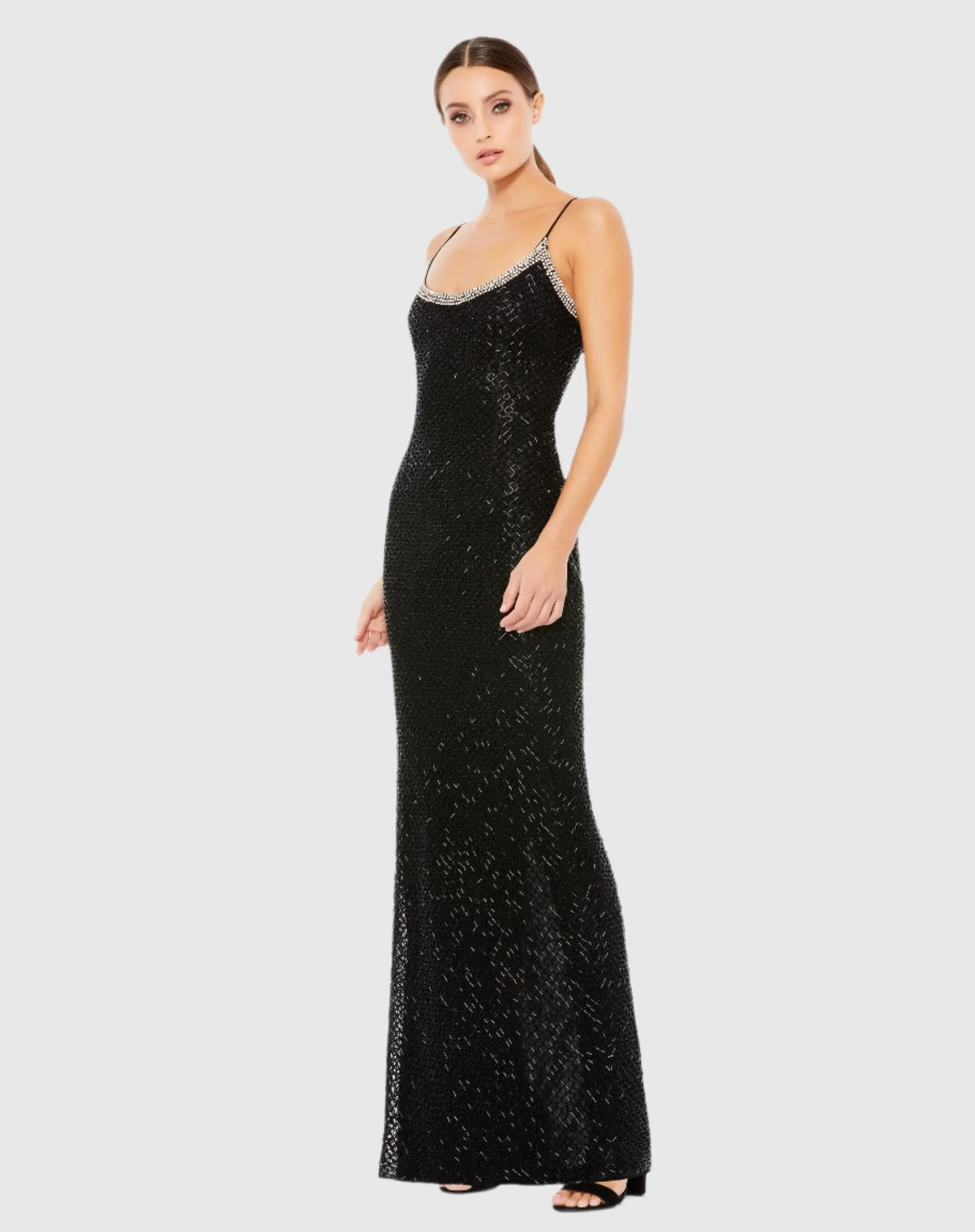 Black Beaded Spaghetti Strap Column Gown