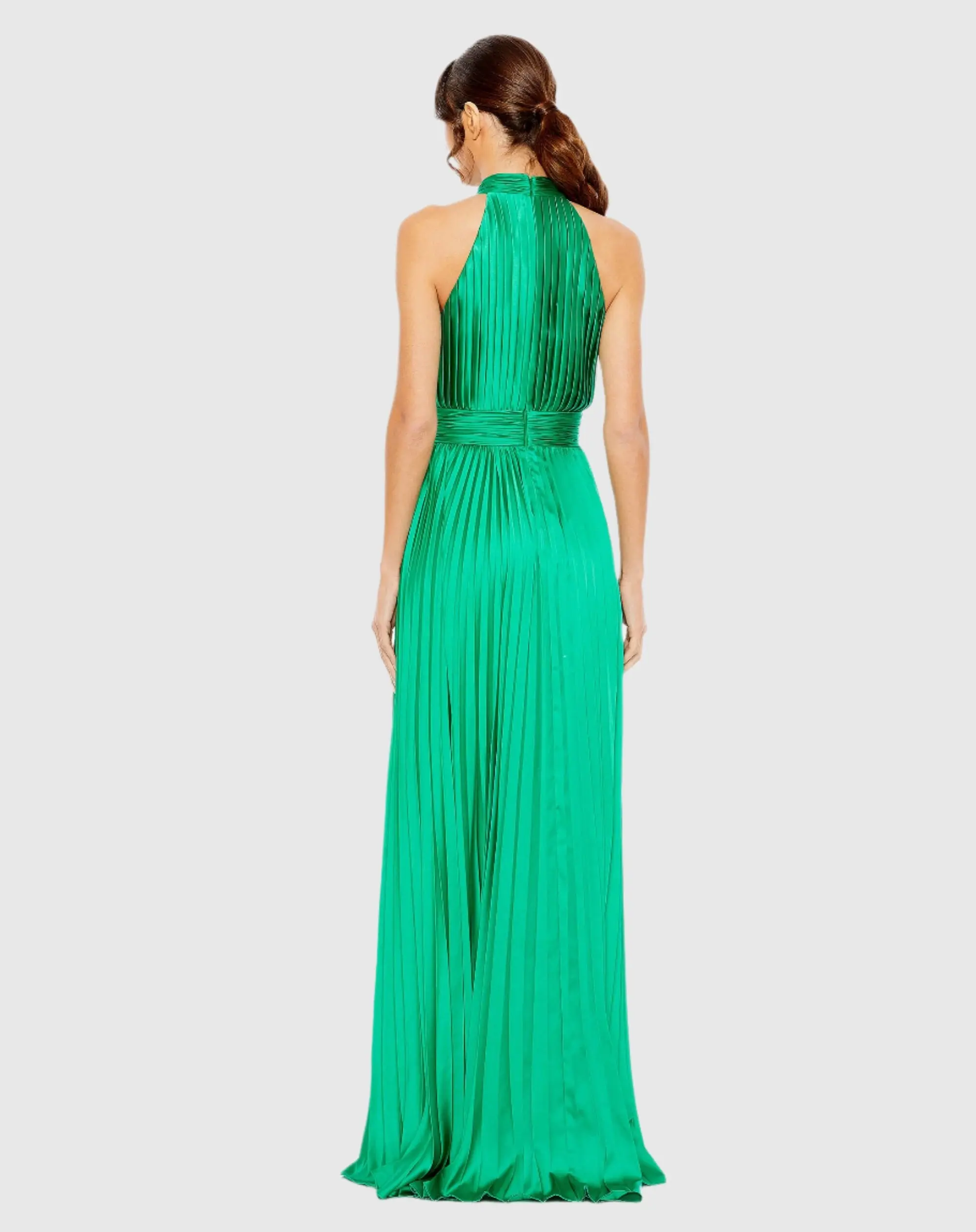 Green Pleated High Neck Satin Sleeveless Halter Gown