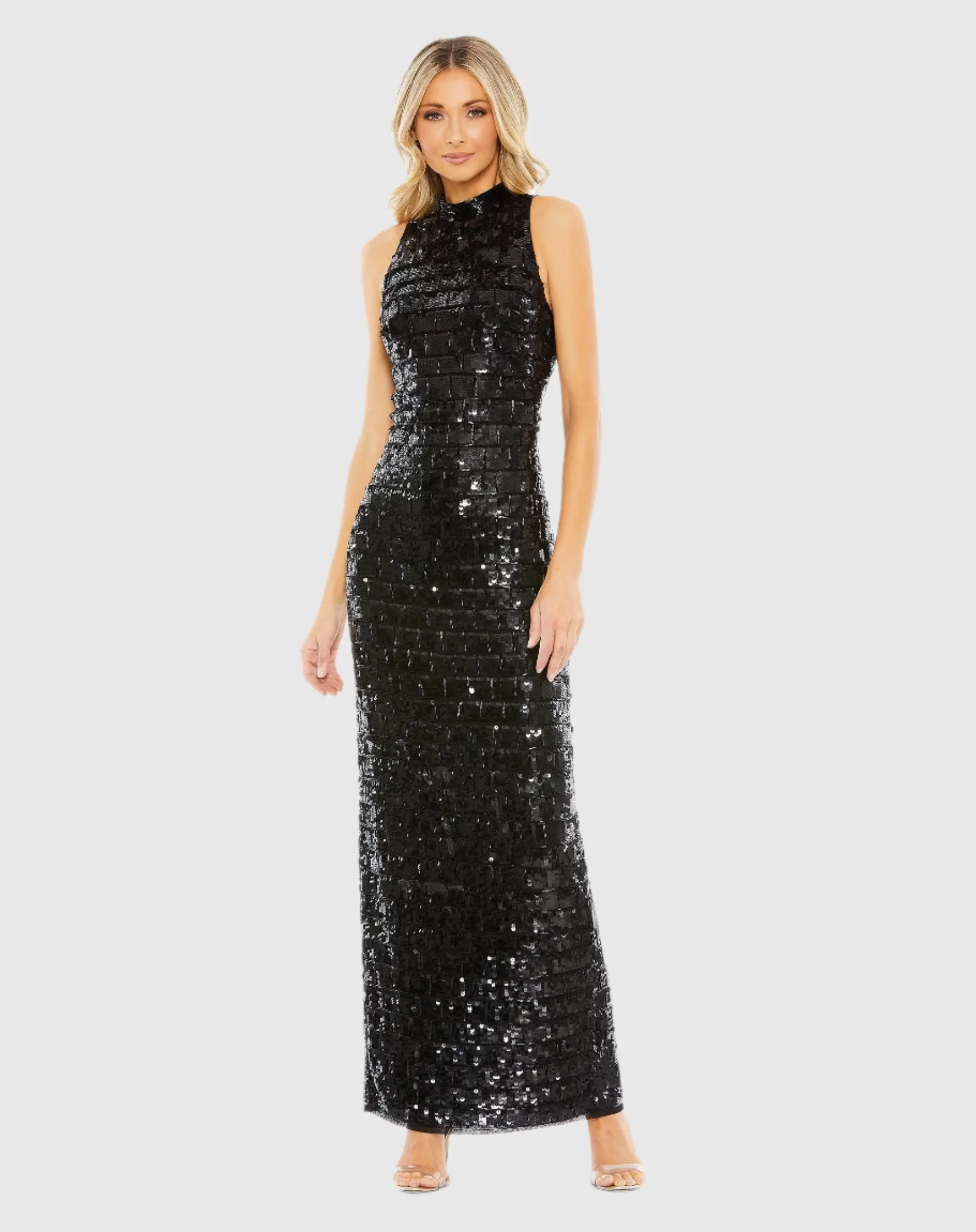 Black Embellished High Neck Sleeveless Column Gown