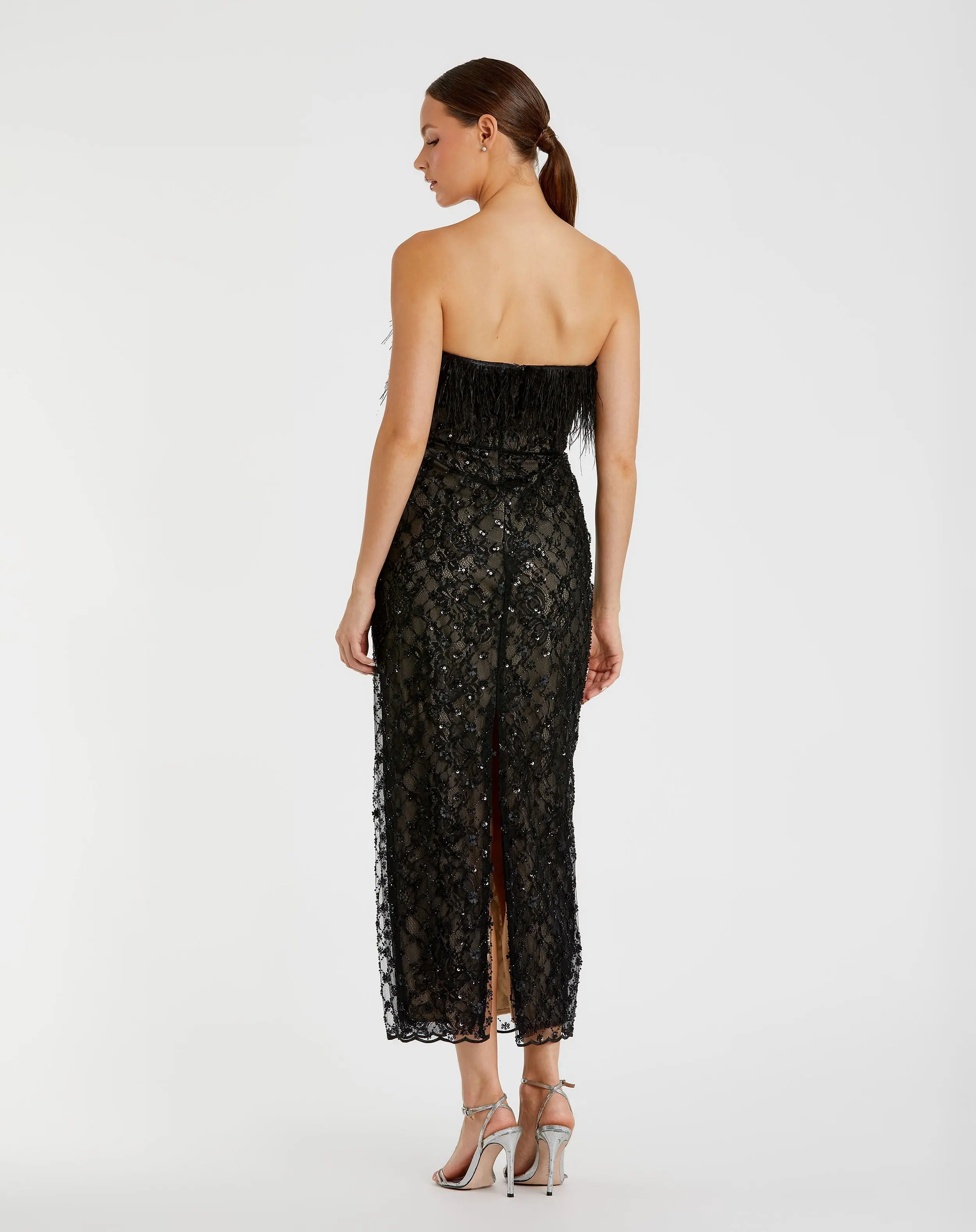 Black Embellished Feather Strapless Column Dress