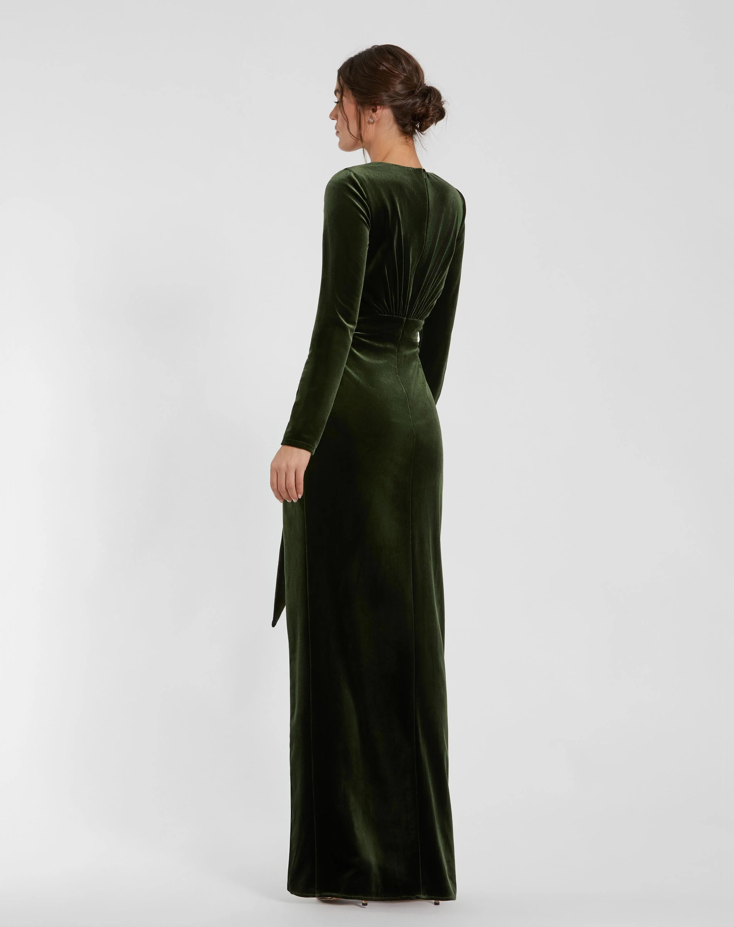 Green Long Sleeve Deep V Draped Velvet Gown
