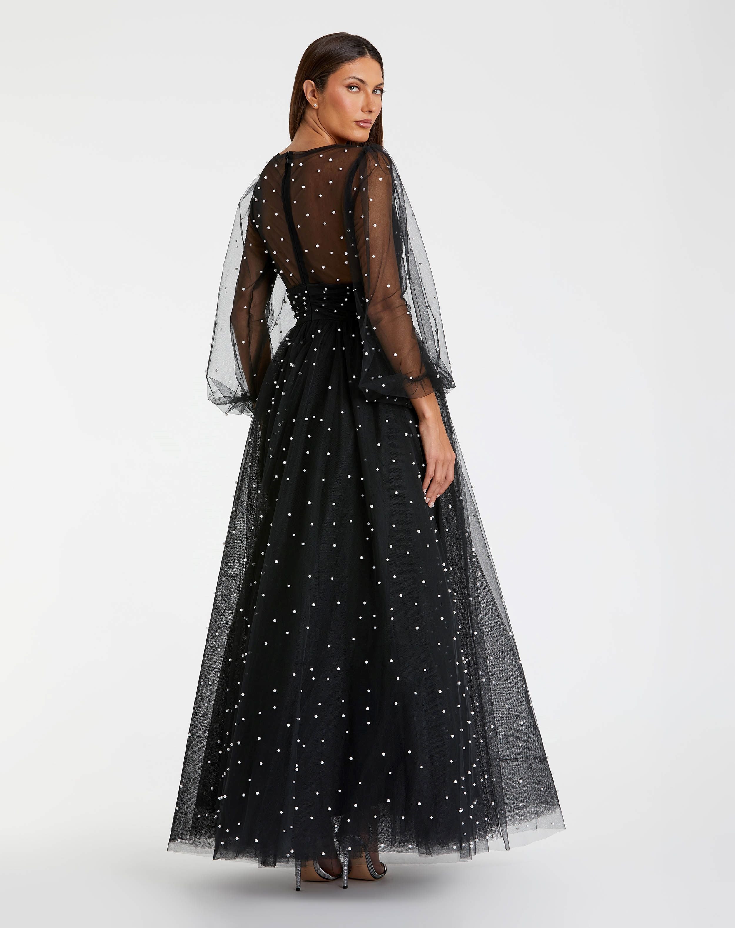 Black Long Sheer Sleeve Draped Pearl Beaded Gown