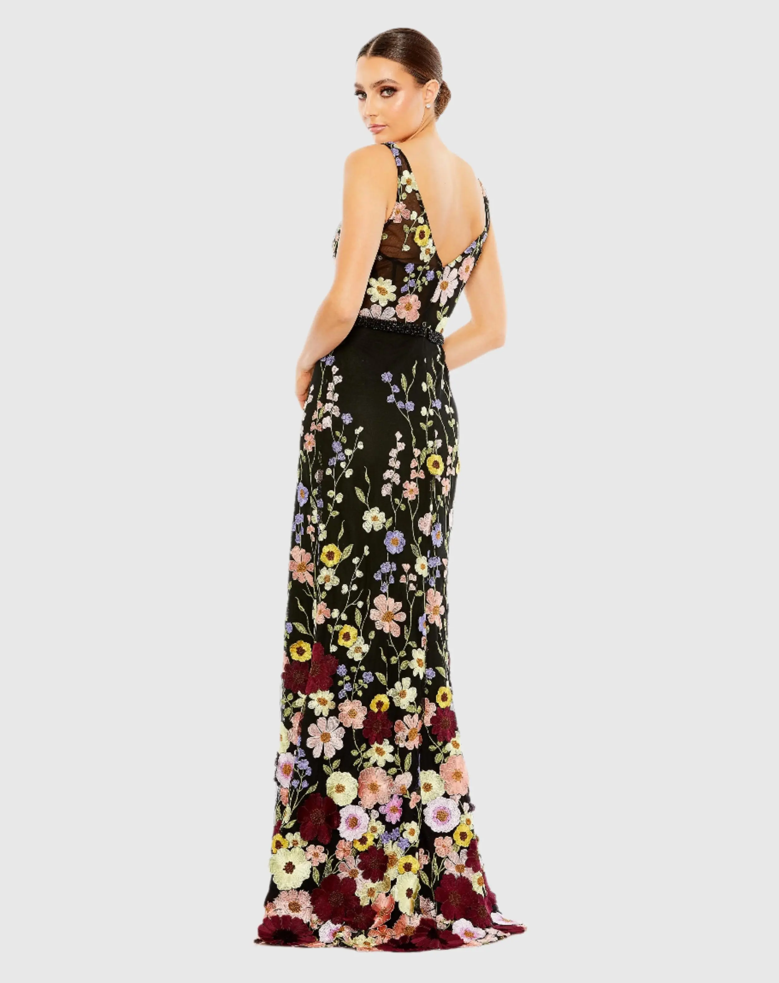 Black Embroidered Tulle Sleeveless V Neck A Line Gown