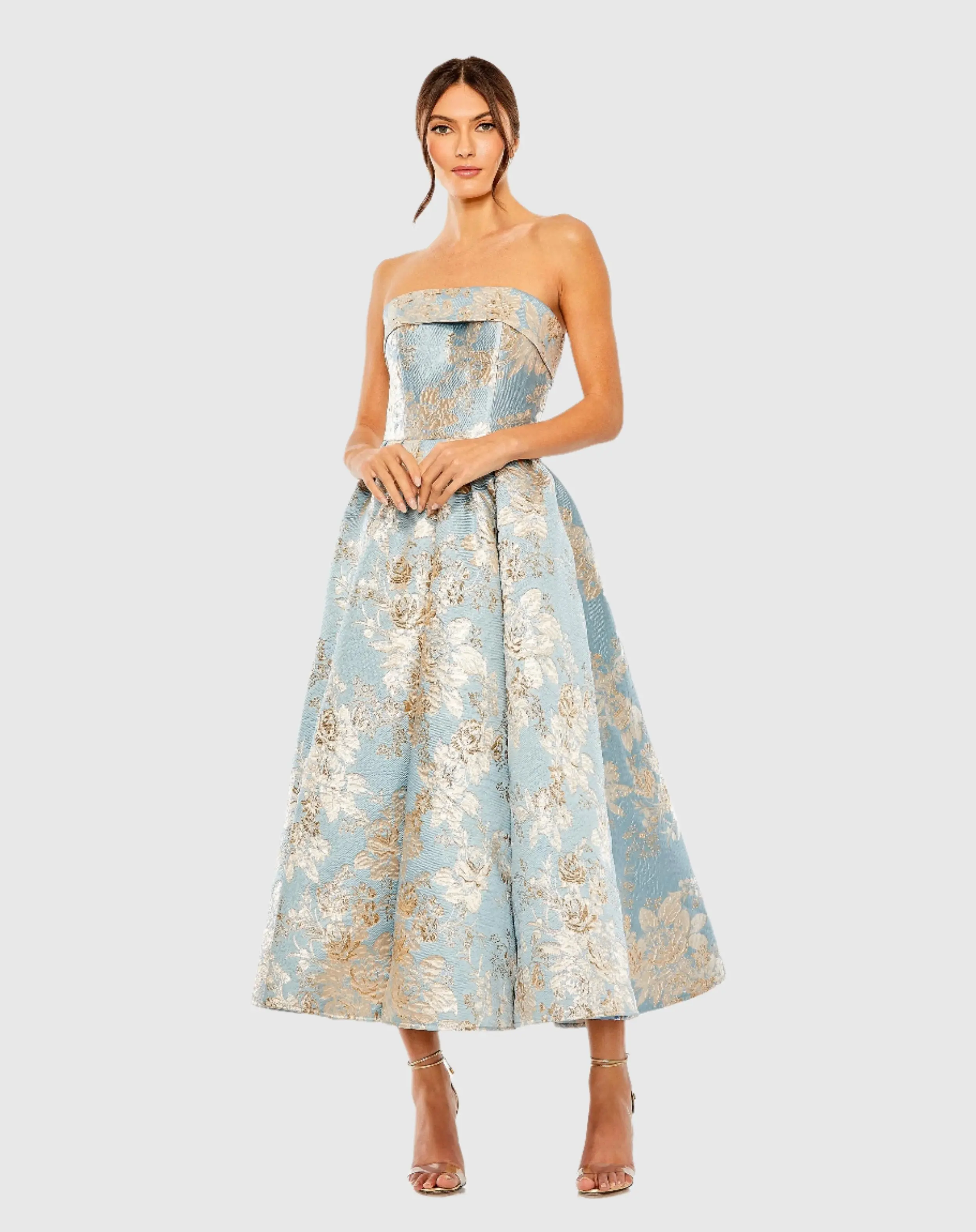 Blue Strapless Brocade Midi Dress with Pockets