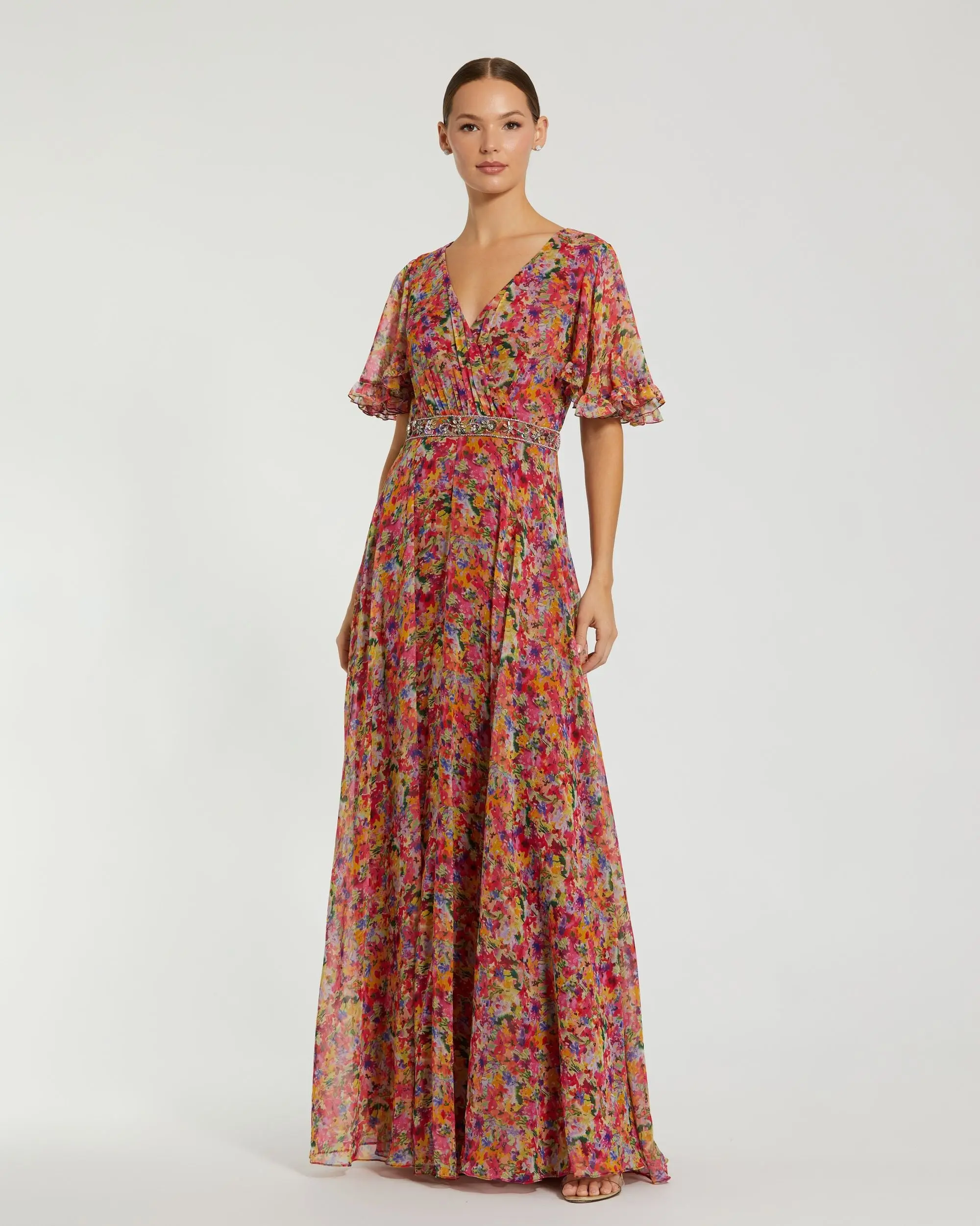 Multicolor Floral Printed Chiffon Flutter Sleeve Gown