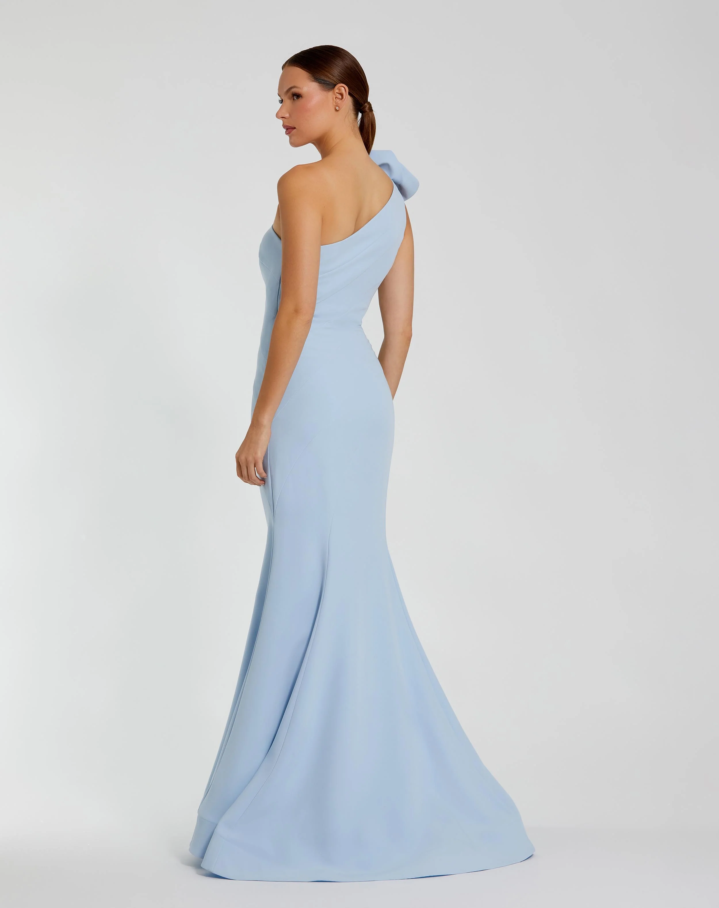 Blue Crepe One Shoulder Mermaid Gown With 3D Flower