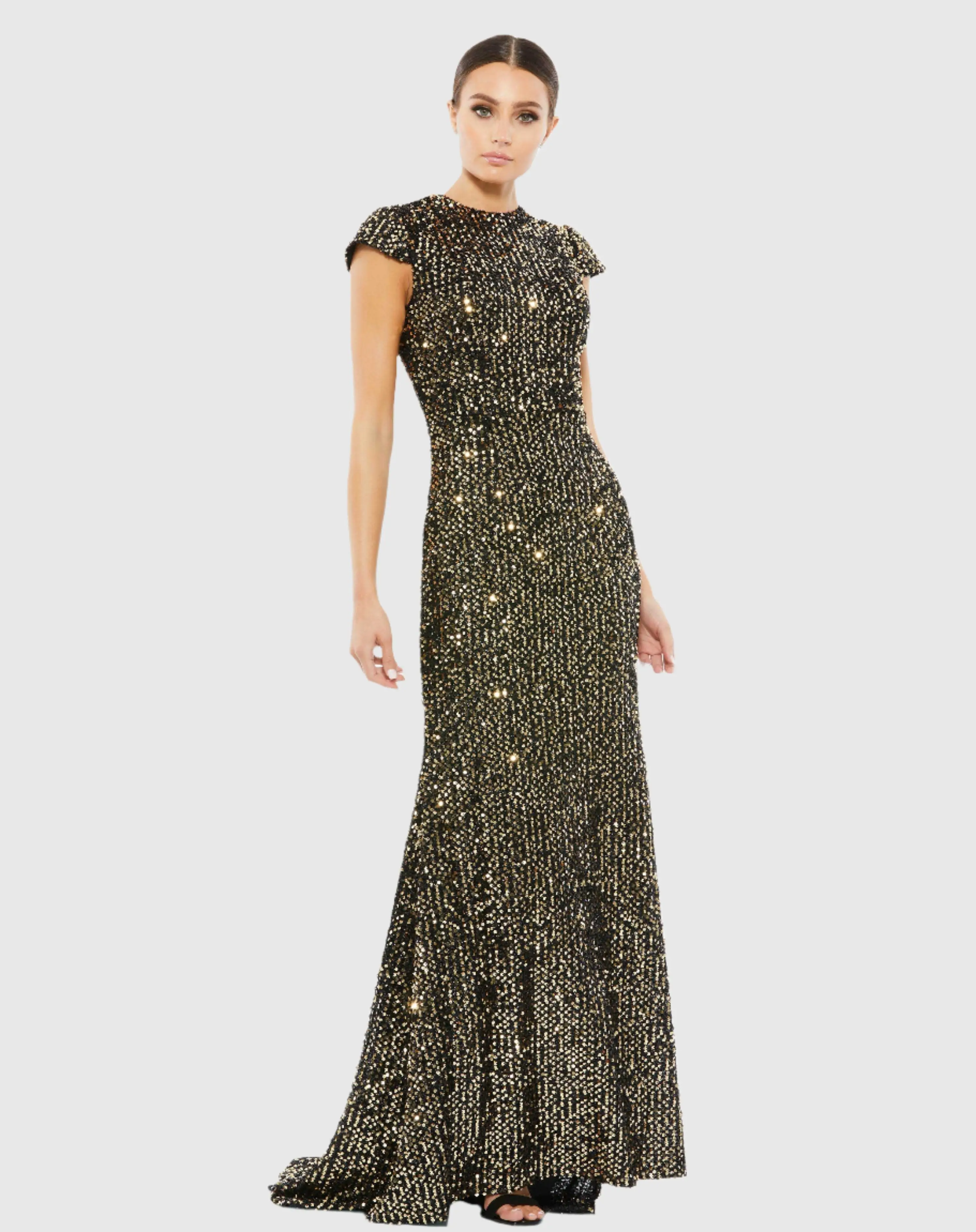 Black and Gold Cap Sleeve High Neck Sequin Gown