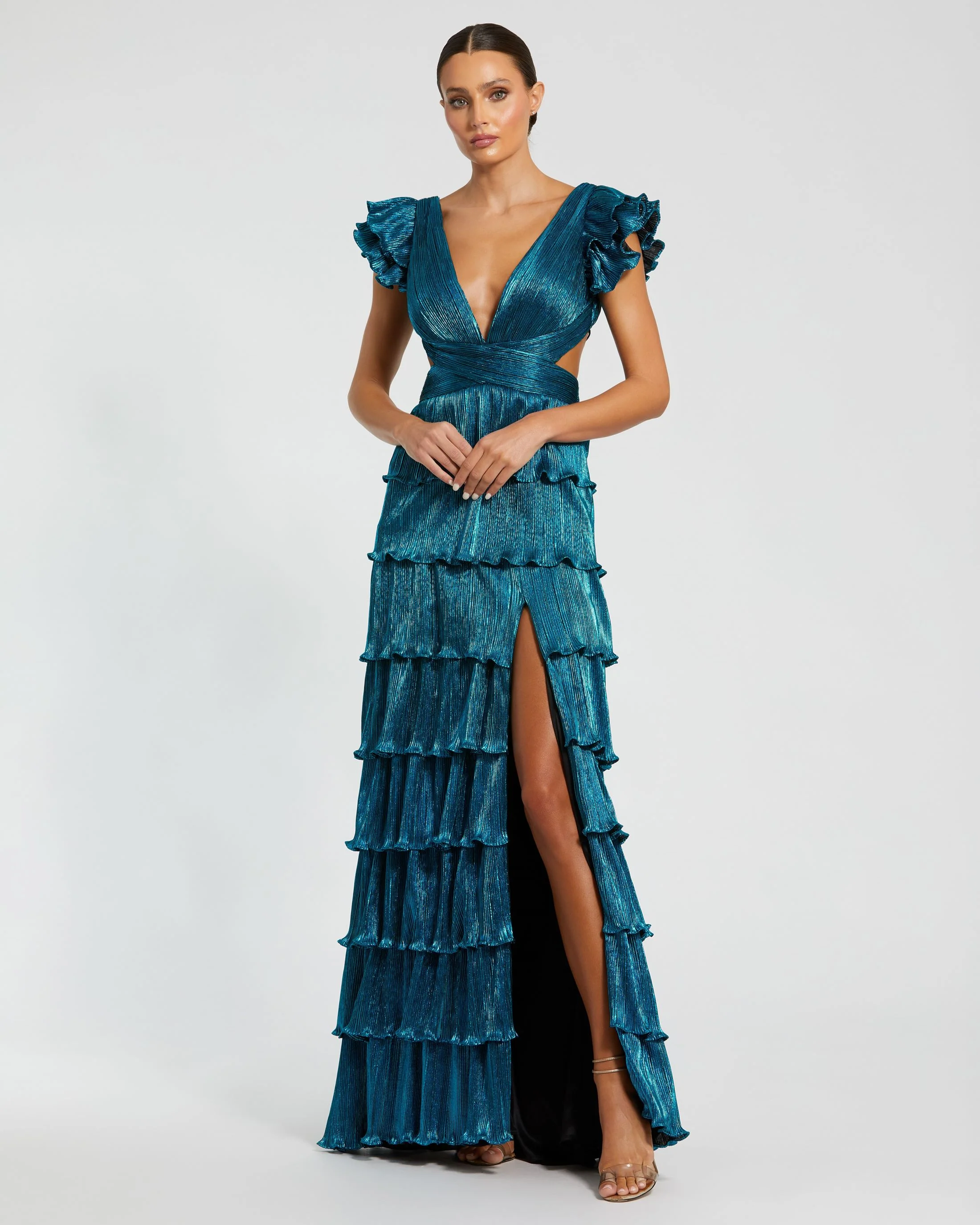 Blue Ruffle Tiered Criss Cross Lace Up Gown