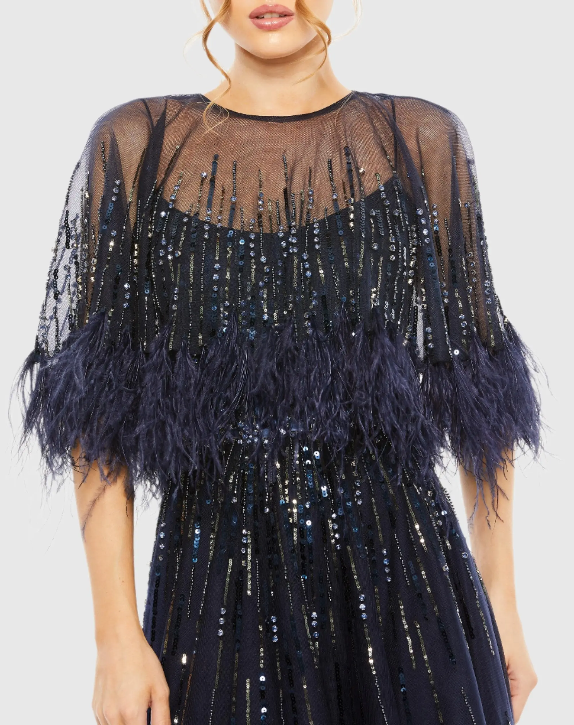 Blue Embellished A Line Dress with Feather Detail Cape