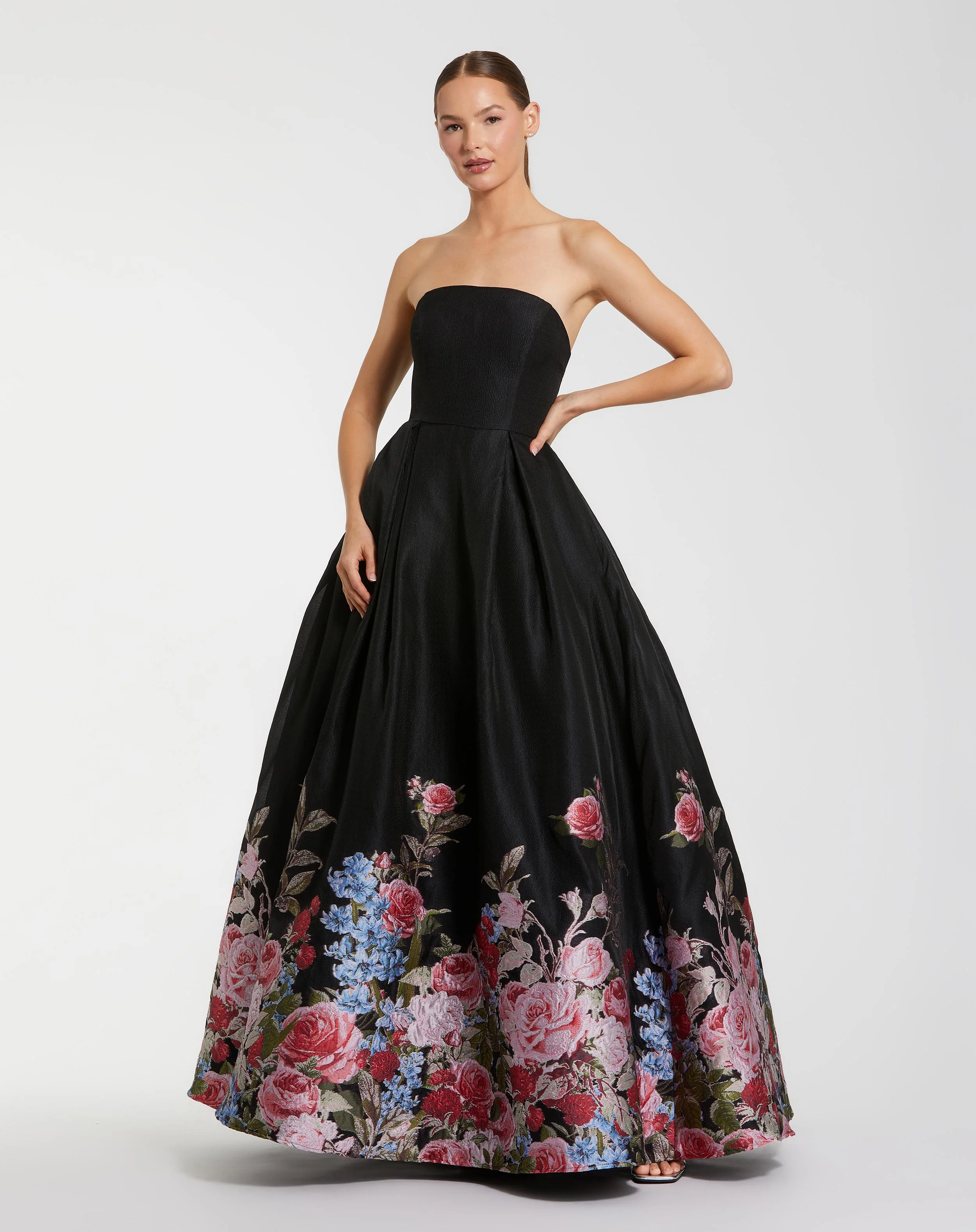 Black Strapless Floral Brocade Ballgown