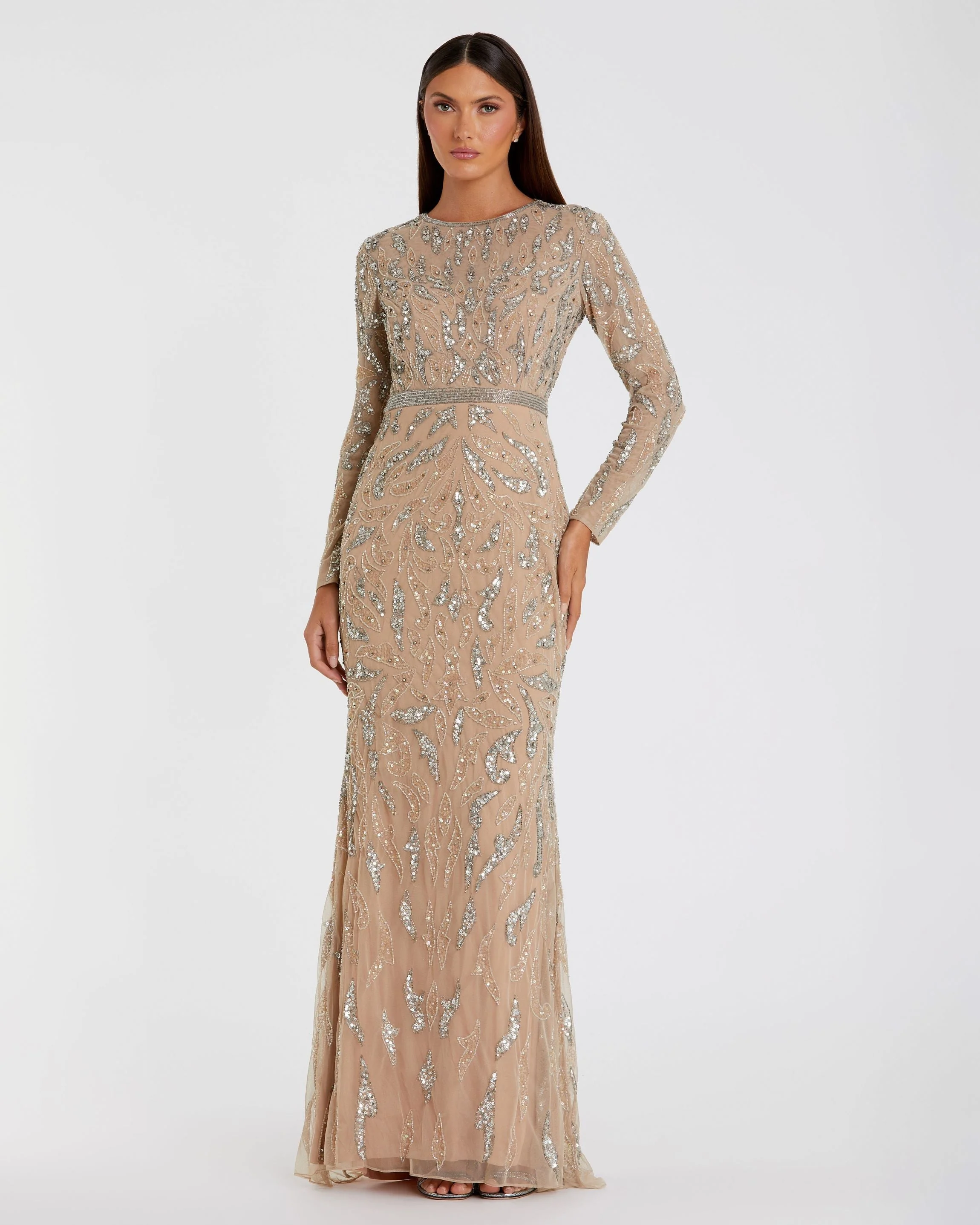 Beige Beaded Long Sleeve Evening Gown