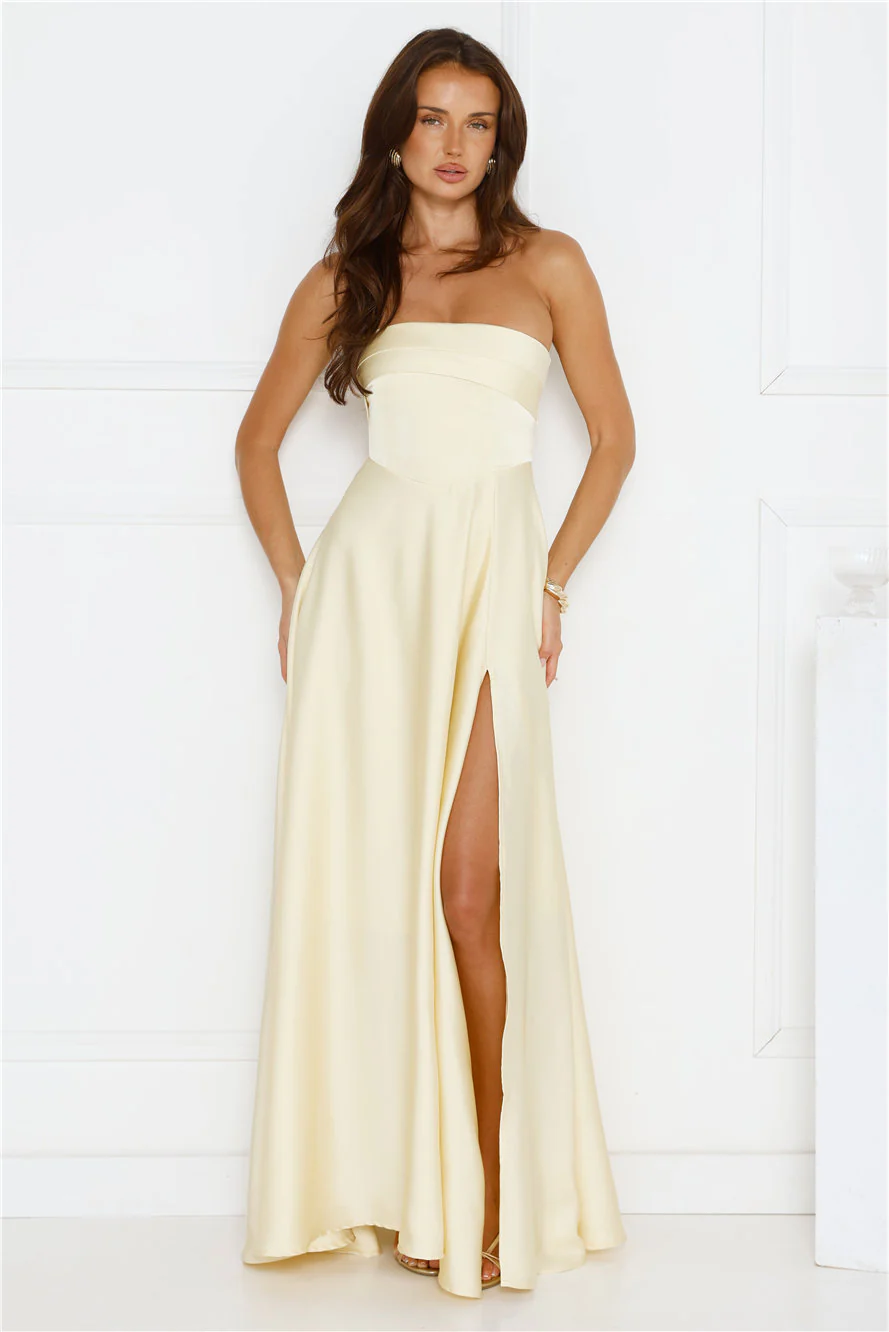 Unspoken Wishes Strapless Satin Maxi Dress Yellow
