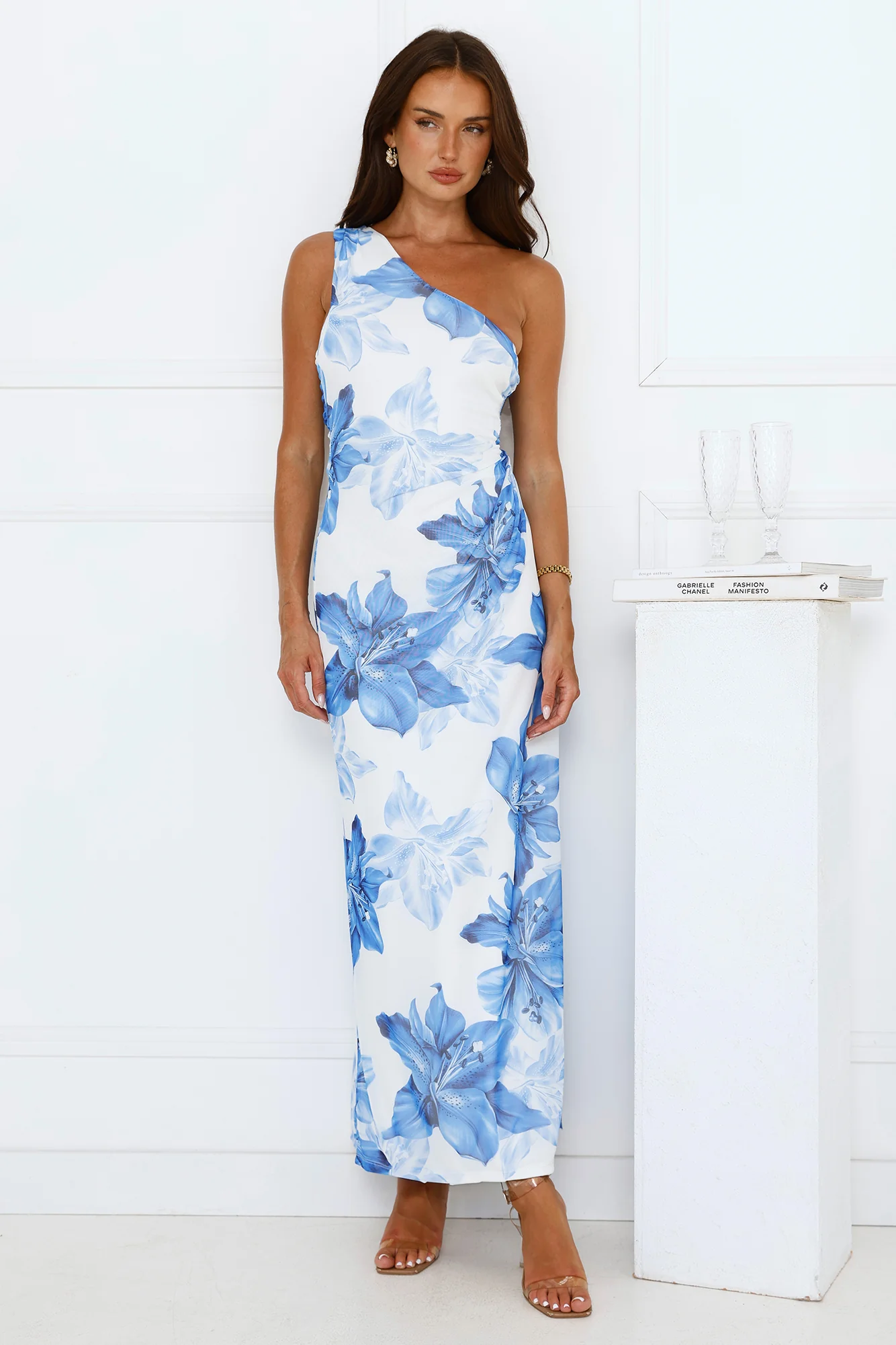 Blueberry Breeze One Shoulder Mesh Maxi Dress Blue