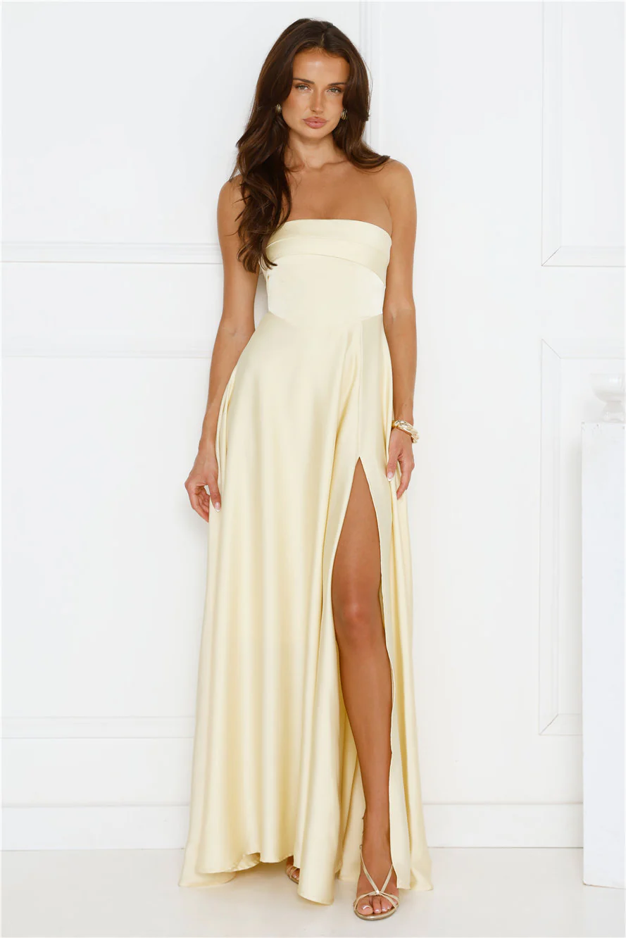 Unspoken Wishes Strapless Satin Maxi Dress Yellow