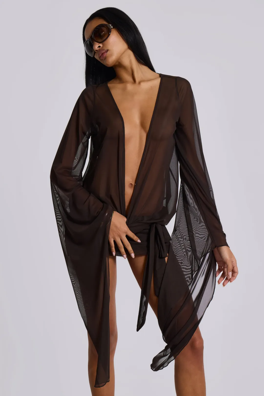 aria mesh plunge mini dress Aria Mesh Plunge Mini Dress in Brown