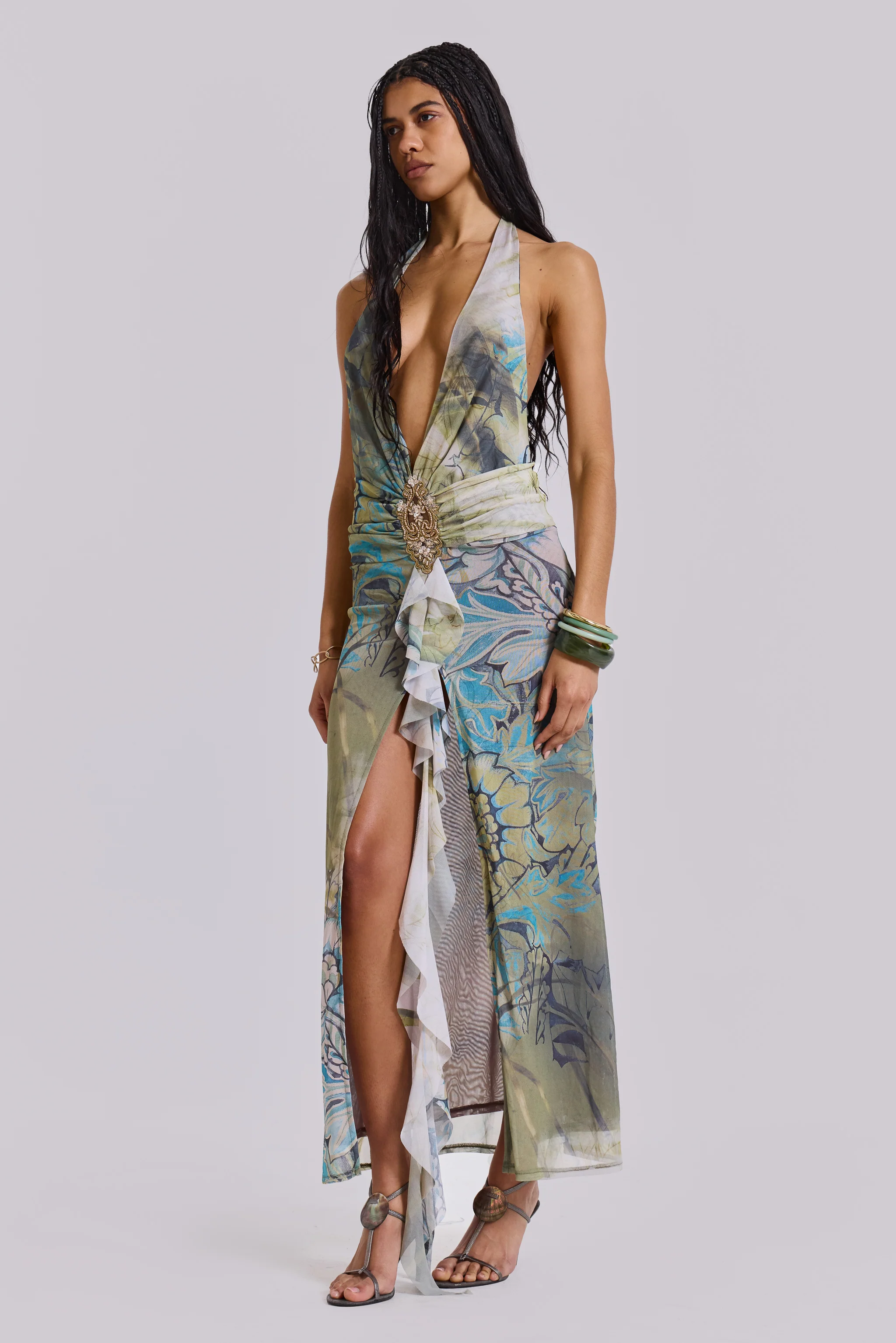 Cindy Plunge Maxi Dress In Green