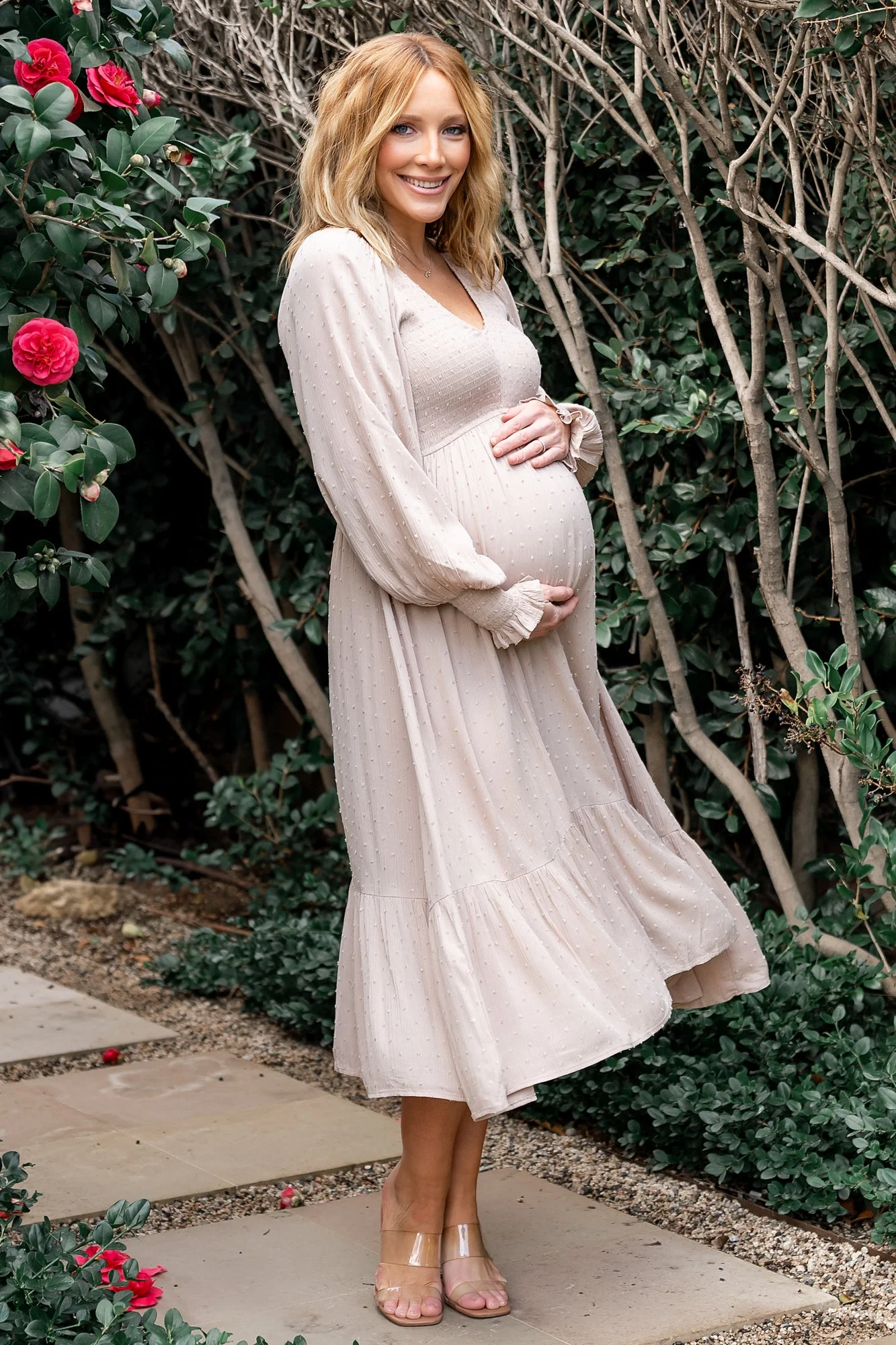 Lainey Smocked Dotted Midi Dress | Beige
