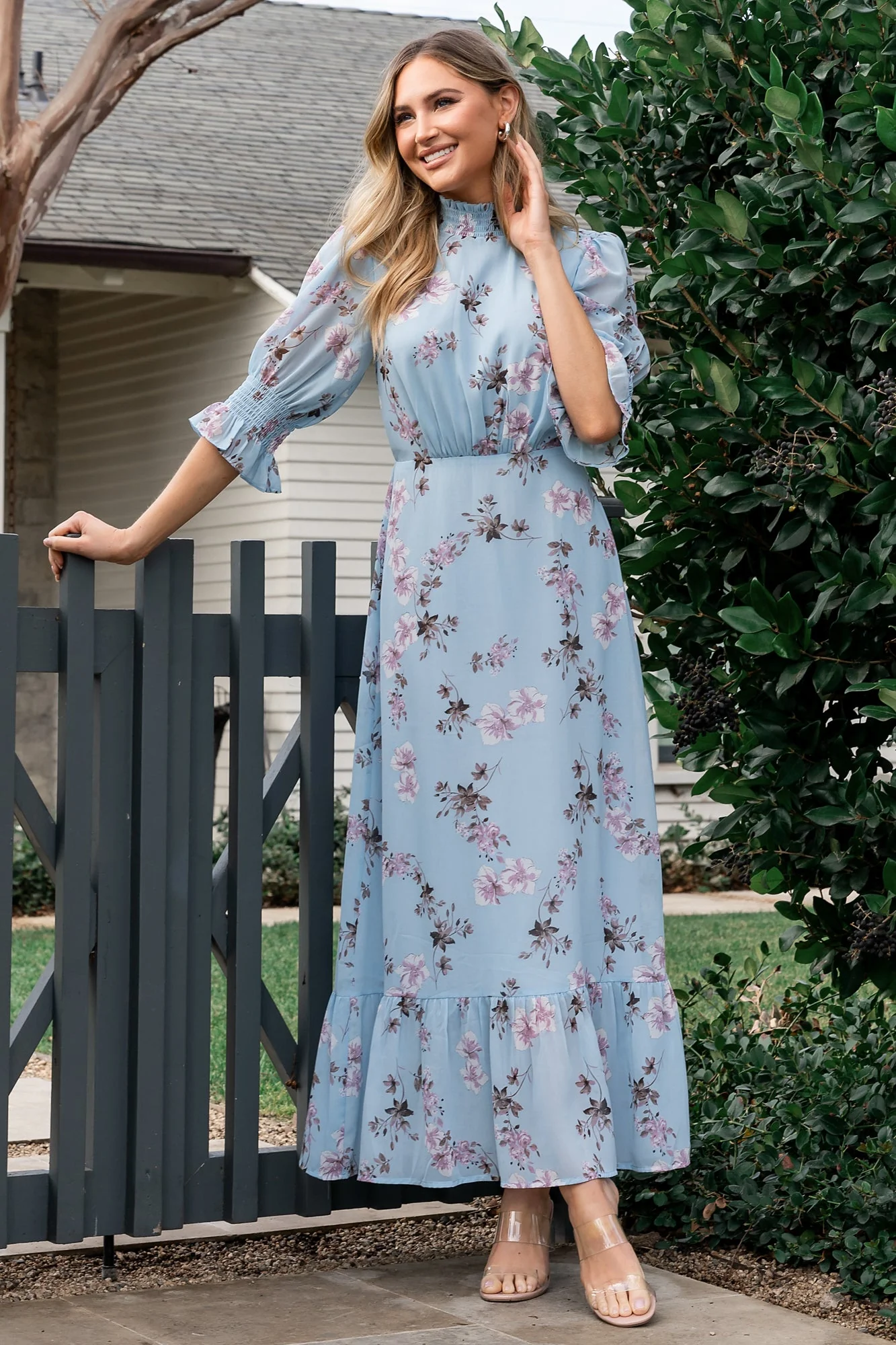 Marie Mock Neck Maxi Dress | Sky Blue Floral