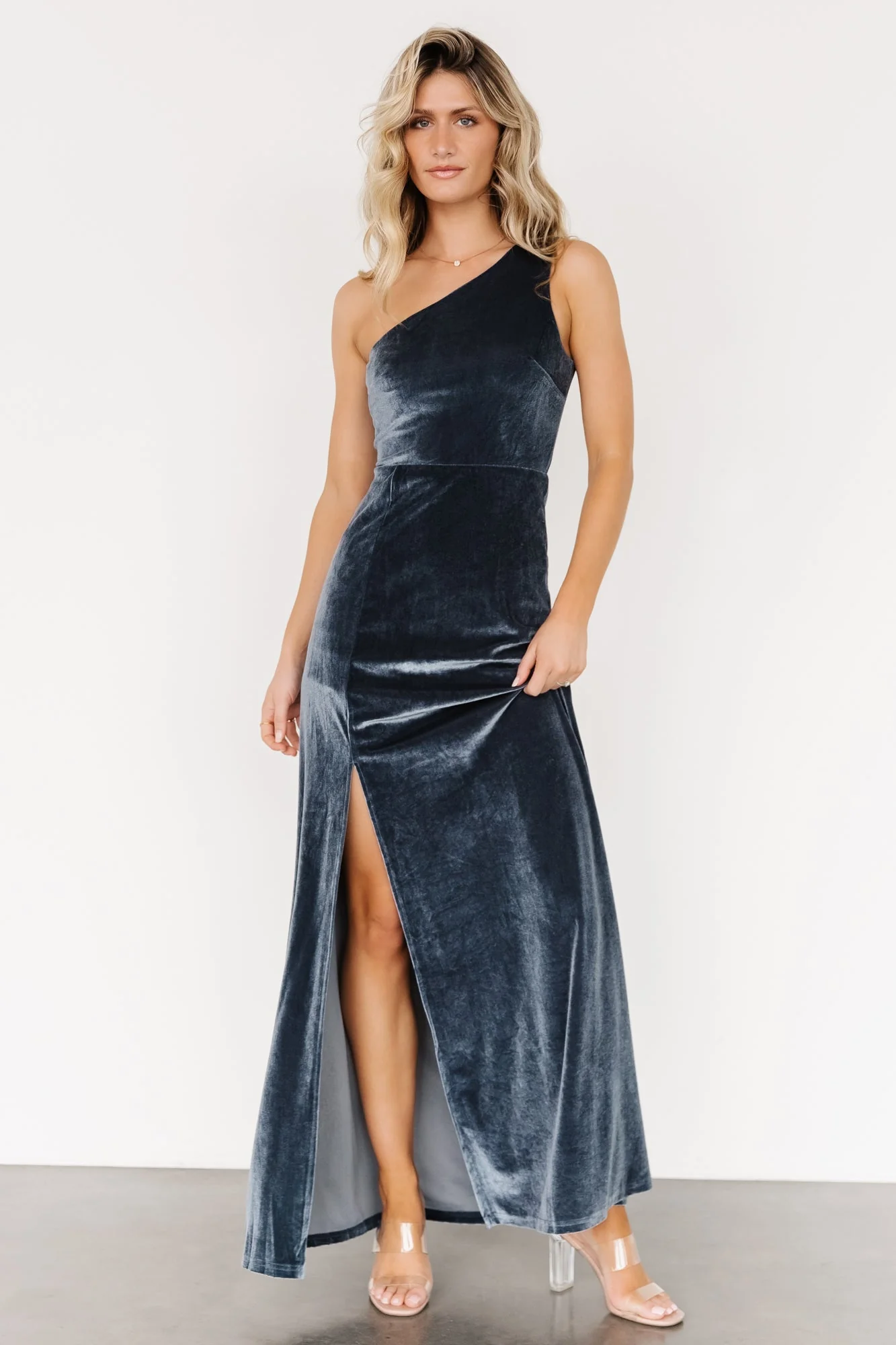 Tatiana Velvet One Shoulder Maxi Dress | Slate Blue