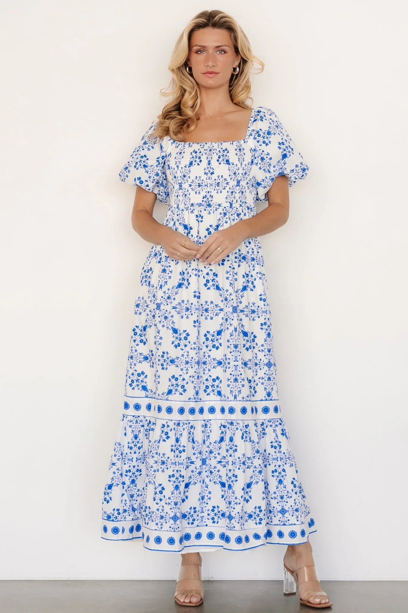 Lexa Smocked Maxi Dress | Off White + Blue Floral