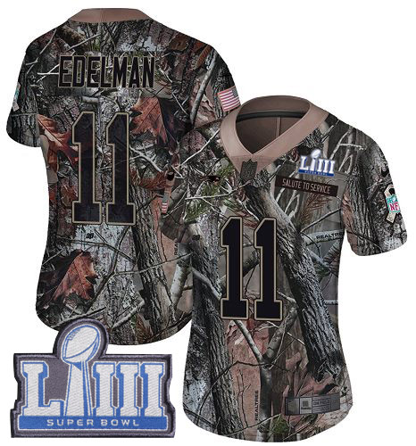 Patriots #11 Julian Edelman Camo Super Bowl LIII Bound Women's Stitched Limited Rush Realtree Jersey
