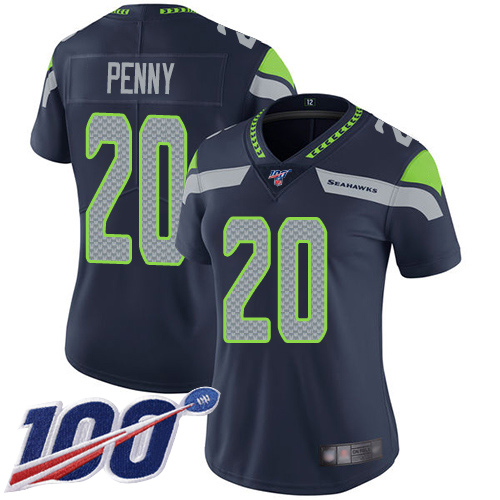 Seattle Seahawks #20 Rashaad Penny Steel Blue Team Color Women's Stitched 100th Season Vapor Limited Jersey Womens