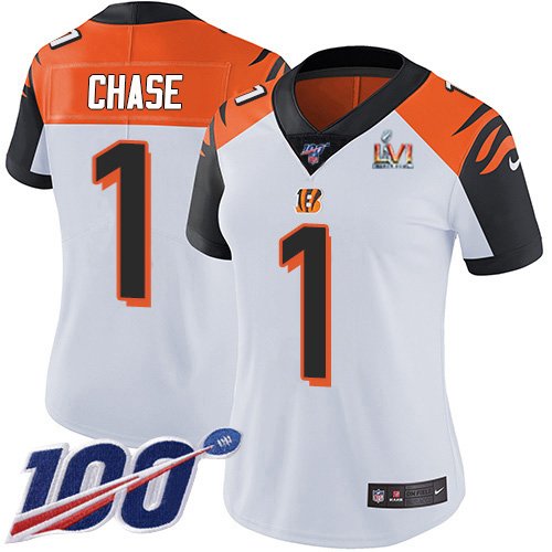 Bengals #1 Ja'Marr Chase White Super Bowl LVI Patch Women's Stitched 100th Season Vapor Untouchable Limited Jersey