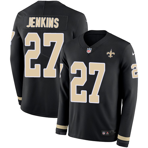 New Orleans Saints #27 Malcolm Jenkins Black Team Color Youth Stitched Limited Therma Long Sleeve Jersey Youth