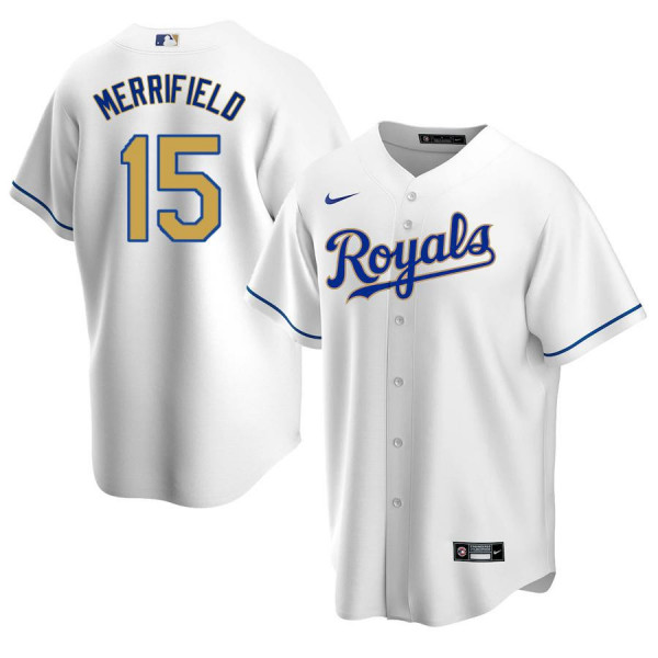 Men's Youth Women's Kansas City Royals 15 Replica 2020 White Gold Home Whit Merrifield Jersey