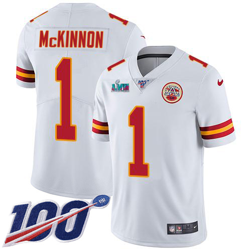 Chiefs #1 Jerick McKinnon White Super Bowl LVII Patch Men's Stitched 100th Season Vapor Limited Jersey