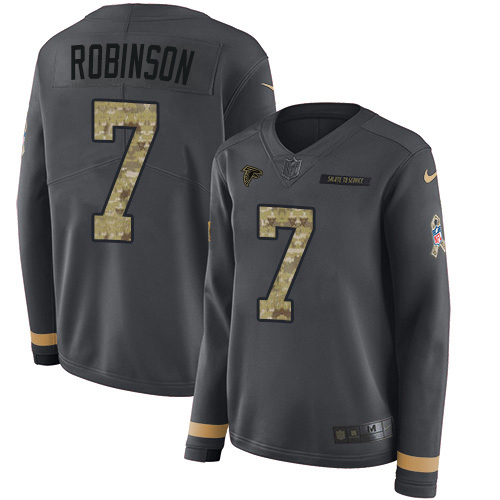 Falcons #7 Bijan Robinson Anthracite Salute To Service Stitched Women's Limited Therma Long Sleeve Jersey