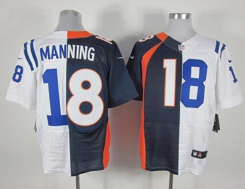 Broncos #18 Peyton Manning Navy Blue/White Men's Stitched Elite Split Colts Jersey