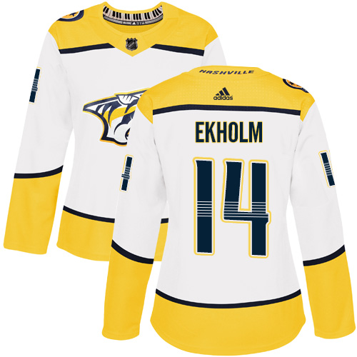 Adidas Nashville Predators #14 Mattias Ekholm White Road Authentic Women's Stitched Jersey Womens