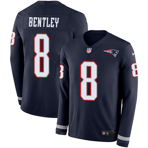 Patriots #8 Ja'Whaun Bentley Navy Blue Team Color Men's Stitched Limited Therma Long Sleeve Jersey