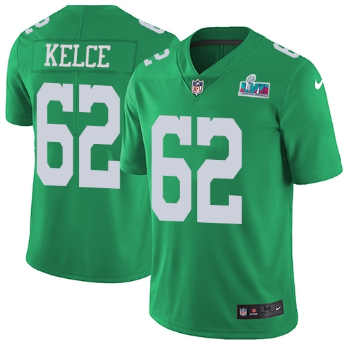 Eagles #62 Jason Kelce Green Super Bowl LVII Patch Youth Stitched Limited Rush Jersey