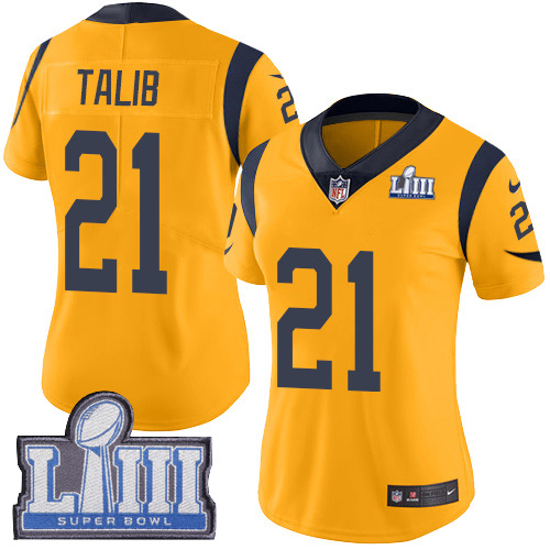 Los Angeles Rams #21 Aqib Talib Gold Super Bowl LIII Bound Women's Stitched Limited Rush Jersey Womens