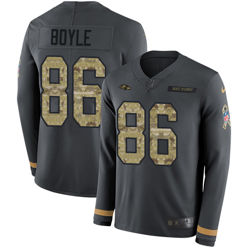 Baltimore Ravens #86 Nick Boyle Anthracite Salute to Service Men's Stitched Limited Therma Long Sleeve Jersey Men's