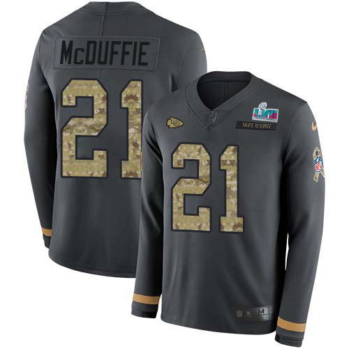 Chiefs #21 Trent McDuffie Anthracite Salute To Service Super Bowl LVII Patch Youth Stitched Limited Therma Long Sleeve Jersey