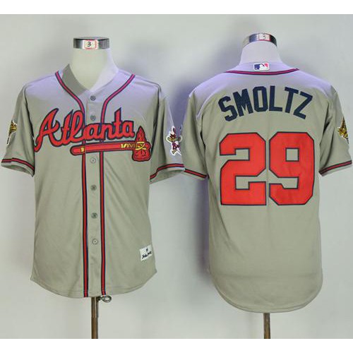 Mitchell And Ness 1995 Atlanta Braves #29 John Smoltz Grey Throwback Stitched Jersey Men's