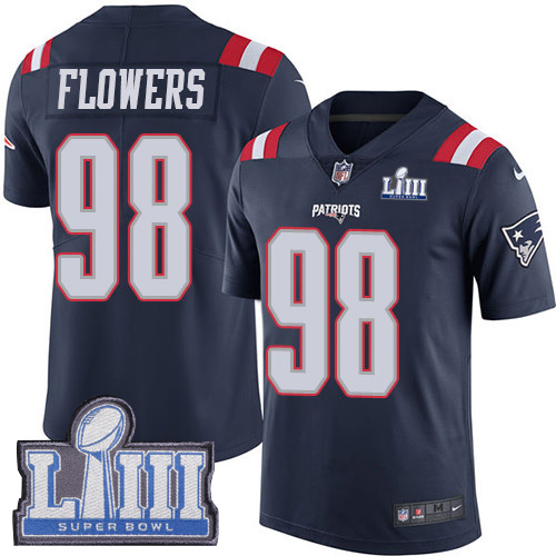 New England Patriots #98 Trey Flowers Navy Blue Super Bowl LIII Bound Youth Stitched Limited Rush Jersey Youth