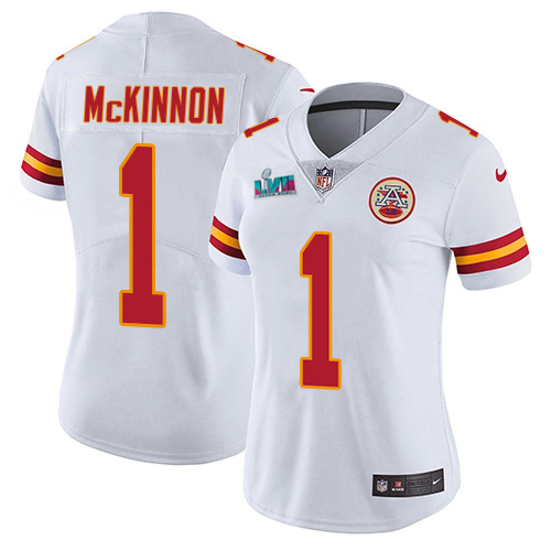 Chiefs #1 Jerick McKinnon White Super Bowl LVII Patch Women's Stitched Vapor Untouchable Limited Jersey