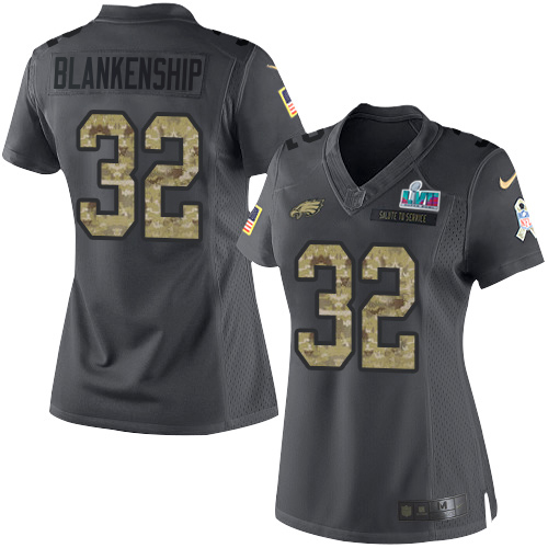 Eagles #32 Reed Blankenship Black Super Bowl LVII Patch Women's Stitched Limited 2016 Salute To Service Jersey