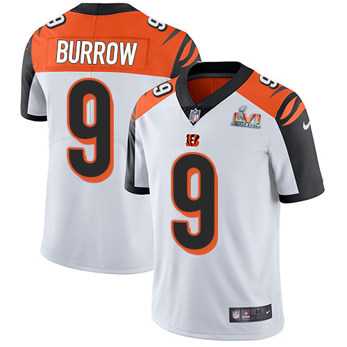 Bengals #9 Joe Burrow White Super Bowl LVI Patch Men's Stitched Vapor Untouchable Limited Jersey