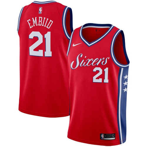 Philadelphia 76ers #21 Joel Embiid Red Womens Swingman Statement Edition Jersey Womens