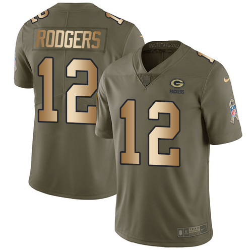 Packers #12 Aaron Rodgers Olive/Gold Youth Stitched Limited 2017 Salute To Service Jersey