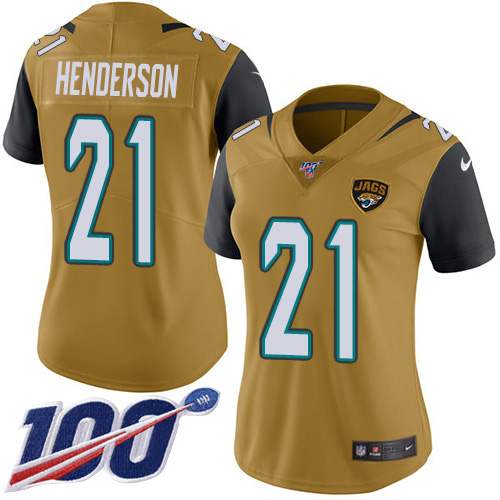 Jacksonville Jaguars #21 C.J. Henderson Gold Women's Stitched Limited Rush 100th Season Jersey Womens