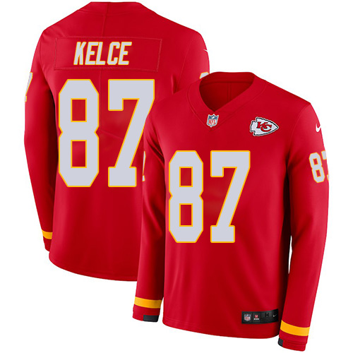 Chiefs #87 Travis Kelce Red Team Color Youth Stitched Limited Therma Long Sleeve Jersey